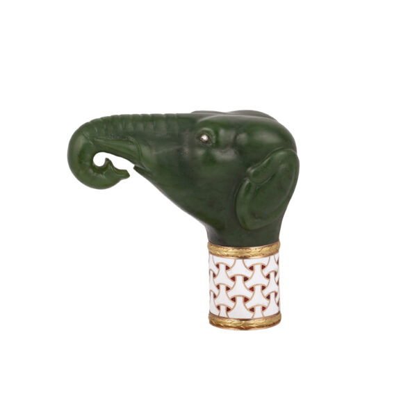 Lot 0134 <br/>A very Rare Faberge gold, nephrite and enamel walking cane handle  in the shape of an elephant’s head <br/>Estimate: 10000-12000€