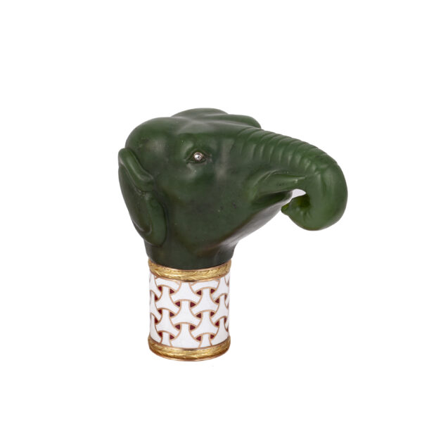 Lot 0134 <br/>A very Rare Faberge gold, nephrite and enamel walking cane handle  in the shape of an elephant’s head <br/>Estimate: 10000-12000€ - Image 2