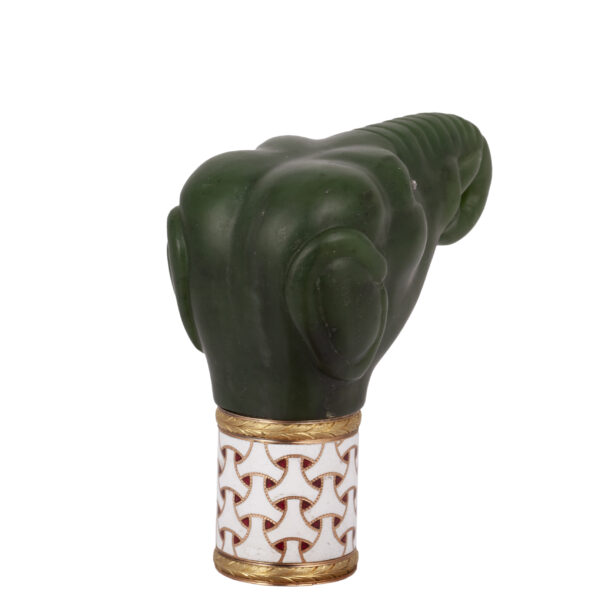 Lot 0134 <br/>A very Rare Faberge gold, nephrite and enamel walking cane handle  in the shape of an elephant’s head <br/>Estimate: 10000-12000€ - Image 3