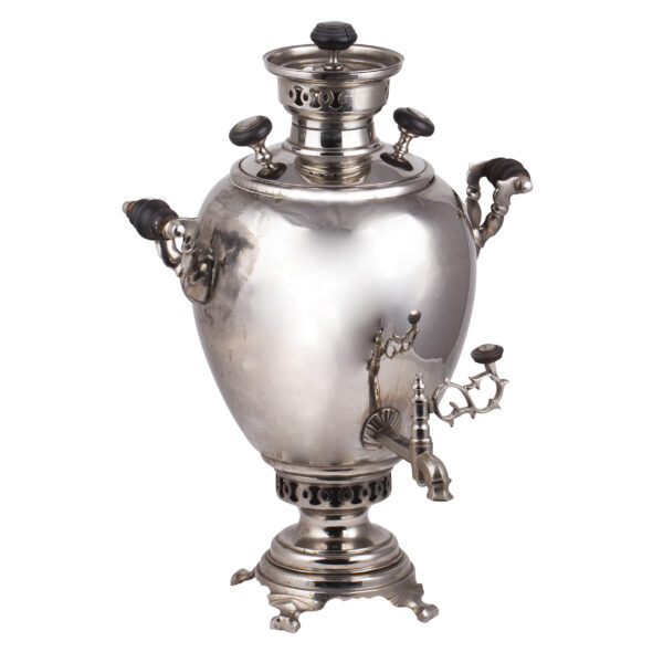 Lot 0244 <br/>A Russian silver-plated brass samovar in the shape of an egg <br/>Estimate: 900-1000€