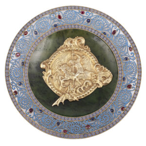 Lot 0123 <br/>Avenir Sumin.Impressive Russian Silver-Gilt, Enamel, Gem Stones and Nephrite Plate with St. George Conquering the Snake <br/>Estimate: 6000-8000€