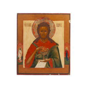 Lot 0170 <br/>Finely Painted Russian Icon of St. John the Baptist with St. Anna and Guardian Angel <br/>Estimate: 500-600€