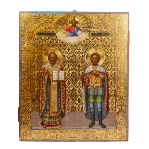 Lot 0173 <br/>Signed Mikhail Yudin Russian Icon of Saint Nicholas the Wonderworker and Saint Alexander Nevsky <br/>Estimate: 20000-25000€