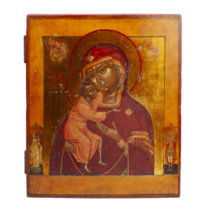 Lot 0175 <br/>Rare Russian "Romanov School" Icon of the Mother of God “Feodorovskaya” with Guardian Angel and Saint Andrew Stratelates <br/>Estimate: 8000-12000€