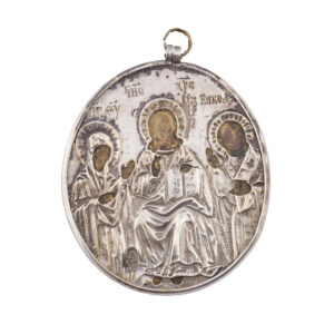 Lot 0188 <br/>Russian Travel Icon in a Silver Riza with Deesis and Saint Martyr John <br/>Estimate: 500-600€