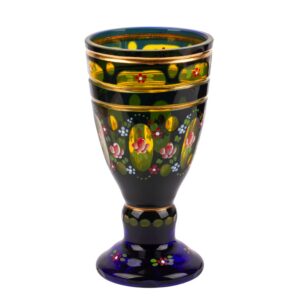 Lot 0101 <br/>Bohemian Blue Glass Goblet with Gilt Bands and Polychrome Enamel Floral Decoration <br/>Estimate: 120-150€
