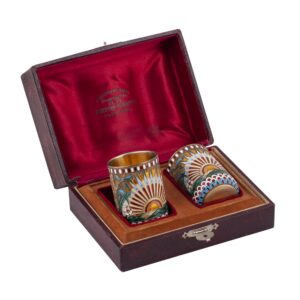 Lot 0156 <br/>Russian Silver-Gilt and Cloisonné Enamel Beaker Set in Case (2 pcs), Moscow, 1908–1917 <br/>Estimate: 12000-15000€