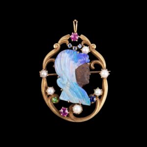 Lot 0251 <br/>Art Nouveau Gold Brooch Pendant with Opal Matrix Cameo and Gem Set, 14K (585), late 19th–early 20th century <br/>Estimate: 10000-15000€