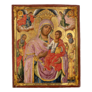 Lot 0258 <br/>Icon of the Mother of God Khtitorissa of Vatopedi with Saints John the Theologian and Parthenios, Mount Athos, late 18th–early 19th century <br/>Estimate: 4000-6000€
