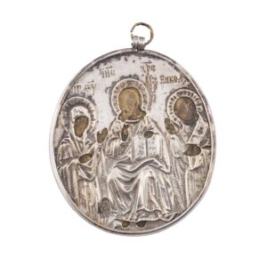 Lot 0282 <br/>Russian Travel Icon in a Silver Riza with Deesis and Saint Martyr John <br/>Estimate: 500-600€