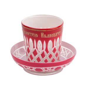 Lot 0073 <br/>Russian Triple-Layer Glass Tumbler and Saucer with Presentation Inscription, Nikolsko-Pestrovsky Glassworks, 1893 <br/>Estimate: 2500-3500€