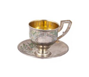 Russian enamel cup on a dish by P. Milukov — image 1