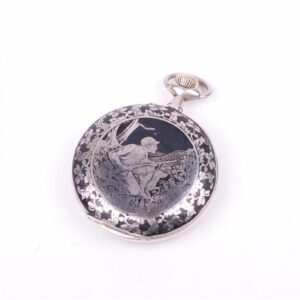Metal pocket watch with hunt scene — image 3