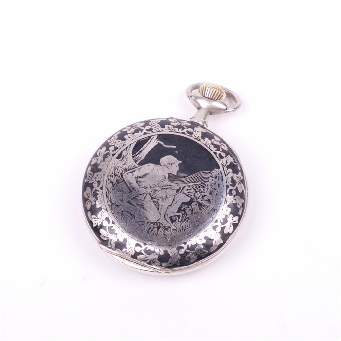 Metal pocket watch with hunt scene — image 3
