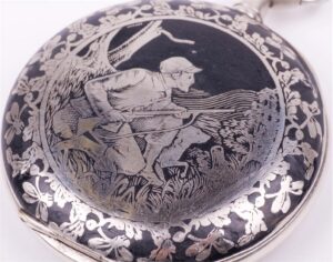 Metal pocket watch with hunt scene — image 4