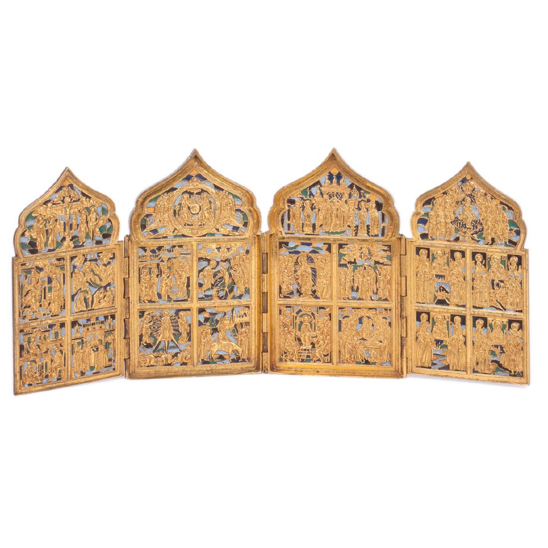 Russian bronze and enamel four-folding keeled triptych — image 1
