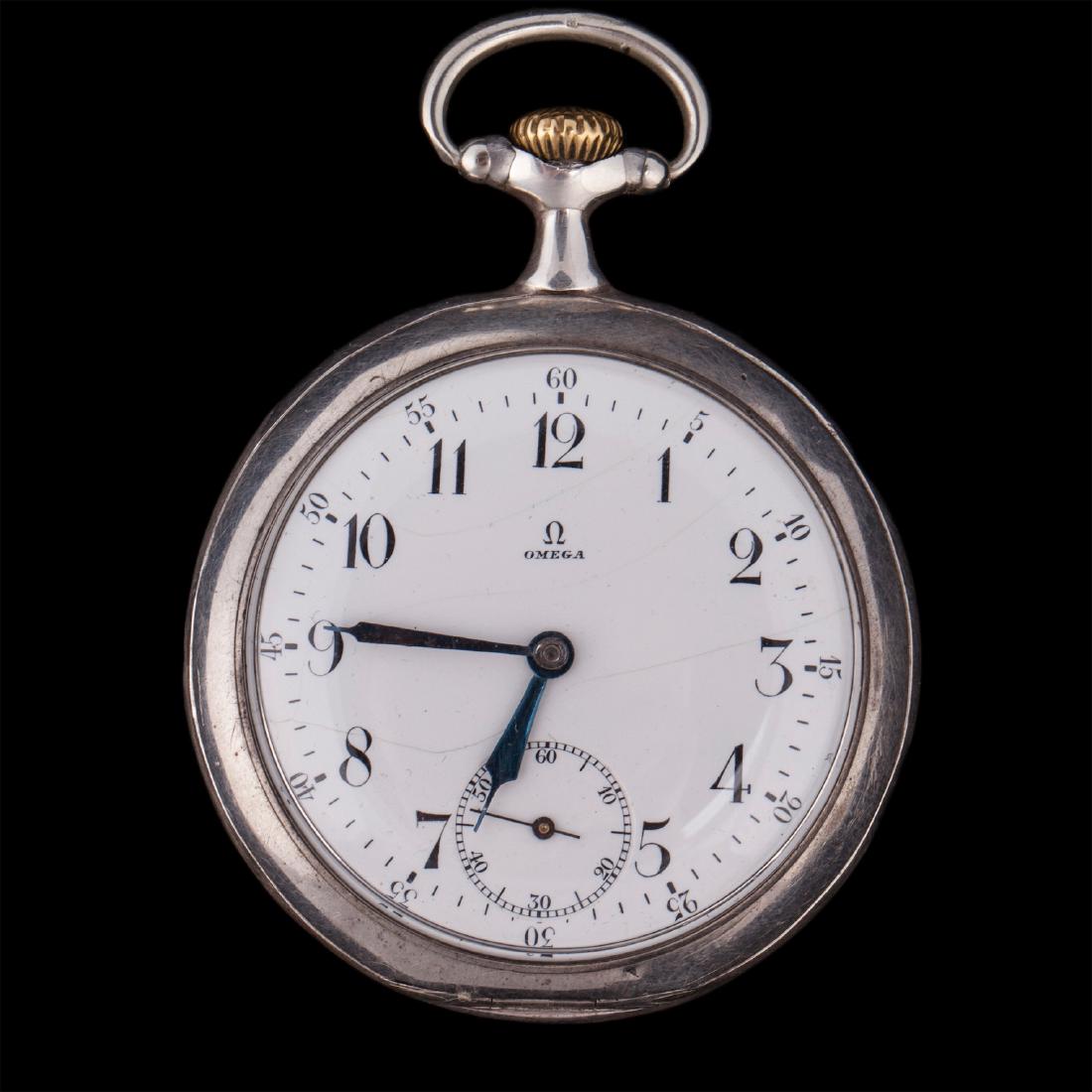 "Omega" silver open face pocket watch — image 1
