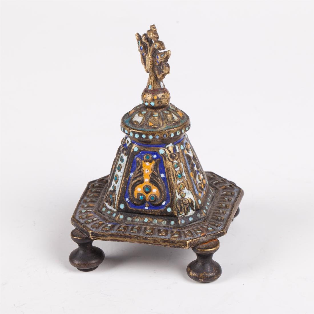 Russian Art Nouveau brass and enamel inkwell — image 2