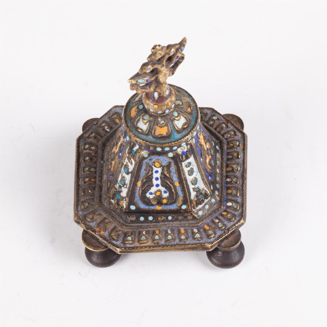 Russian Art Nouveau brass and enamel inkwell — image 4
