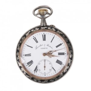 Metal pocket watch with hunt scene — image 1