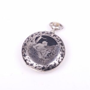 Metal pocket watch with hunt scene — image 3