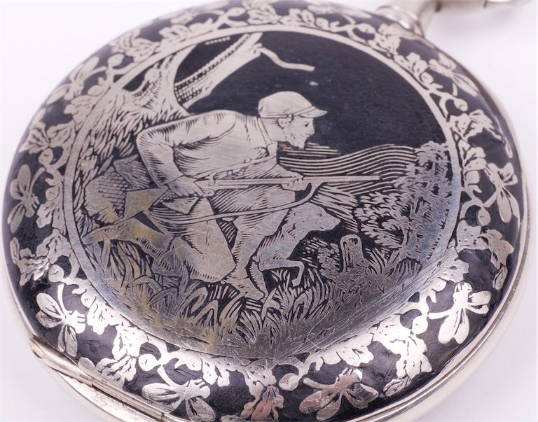 Metal pocket watch with hunt scene — image 4
