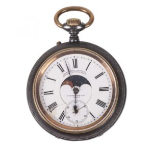 German gun metal pocket watch with moon phase calendar — image 1