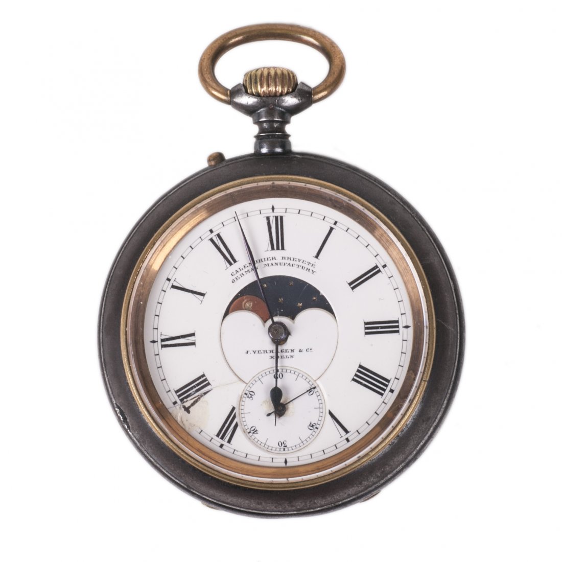 German gun metal pocket watch with moon phase calendar — image 1