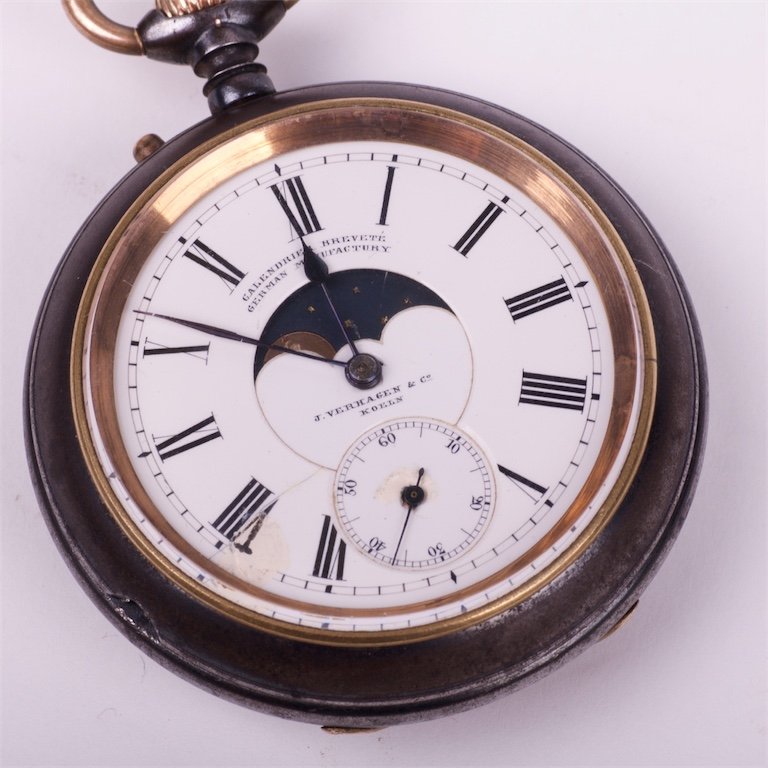 German gun metal pocket watch with moon phase calendar — image 2