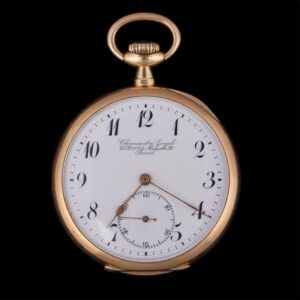 Gold open face pocket watch with engraving — image 1