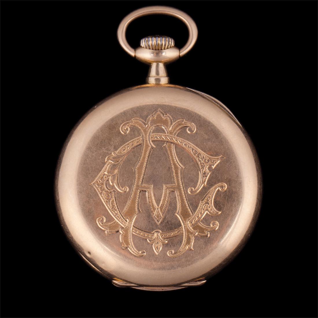 Gold open face pocket watch with engraving — image 2