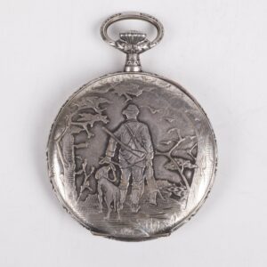 Metal pocket watch with hunting scene — image 4