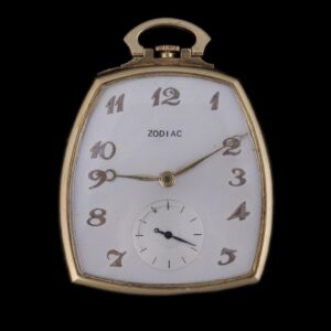 Zodiac gold rectangular open face pocket watch — image 1