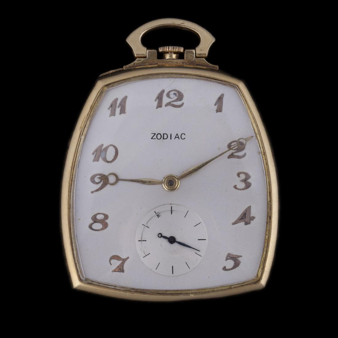 Zodiac gold rectangular open face pocket watch — image 1