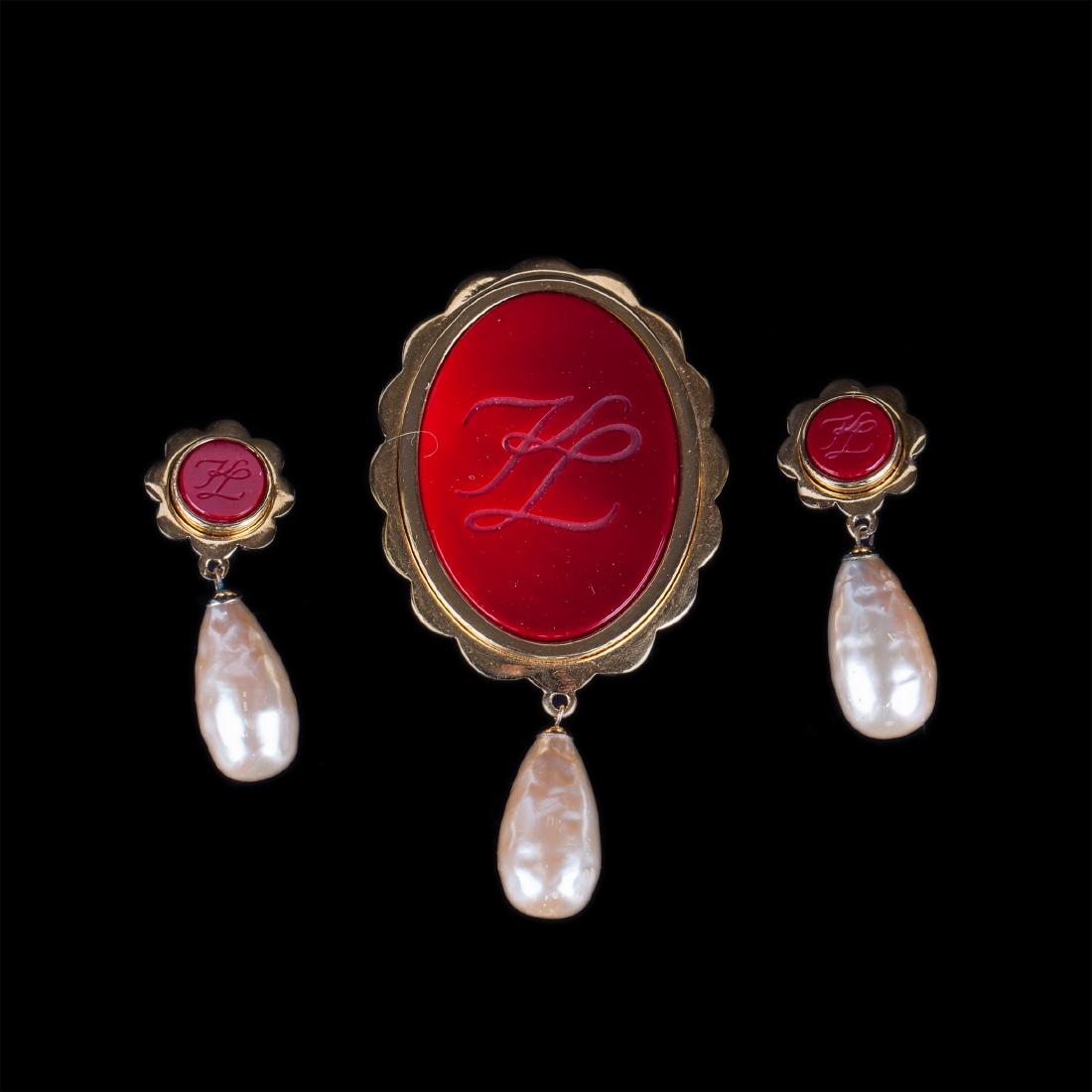 Carl Lagerfeld set of brooch,earclips with artificial — image 1