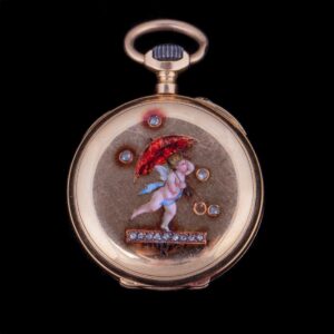 Gold, 18K, women pocket watch with enamel and diamonds — image 2