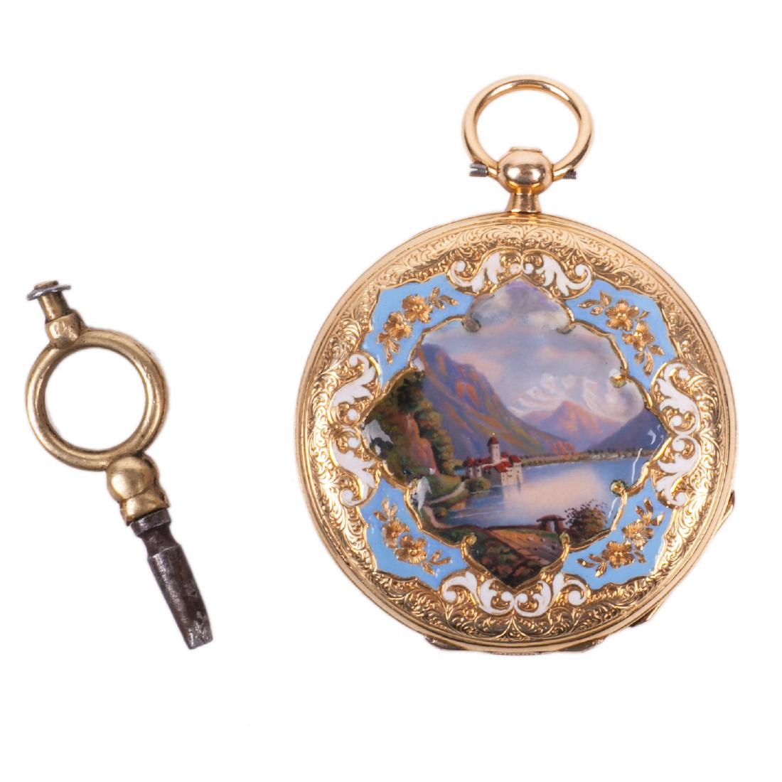 18K gold pocket watch with the view on Chillon Castle — image 1