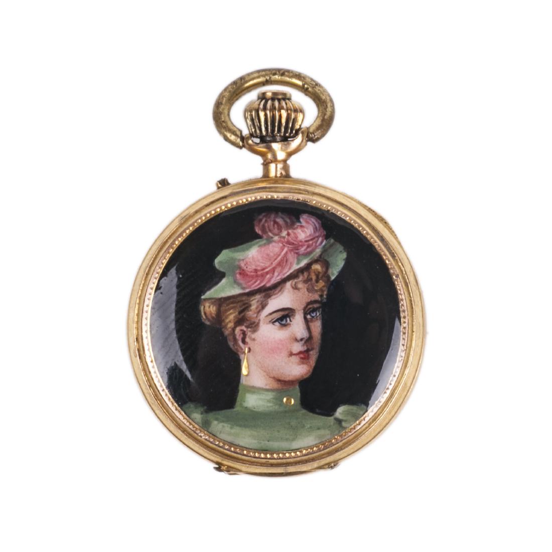 12K gold open face pocket watch with enamel — image 1