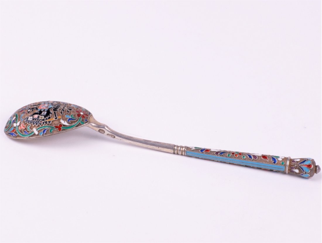Russian silver spoon with enamel double-headed eagle. — image 6