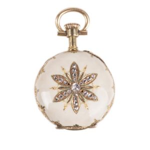"Le coultre" gold open face enamel and diamond pocket — image 1