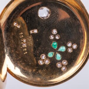 Gold pocket watch with diamonds and emerald stone — image 3