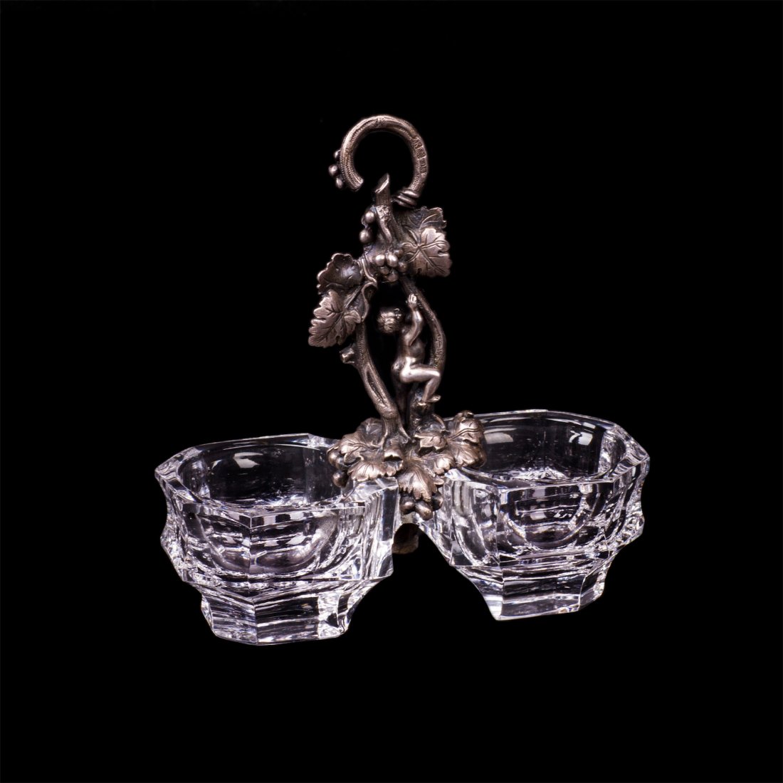 Russian silver and cut-glass cruet with putti figure — image 1