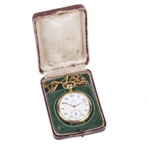 Gold open-face pocket watch "Omega" with a gold chain — image 1