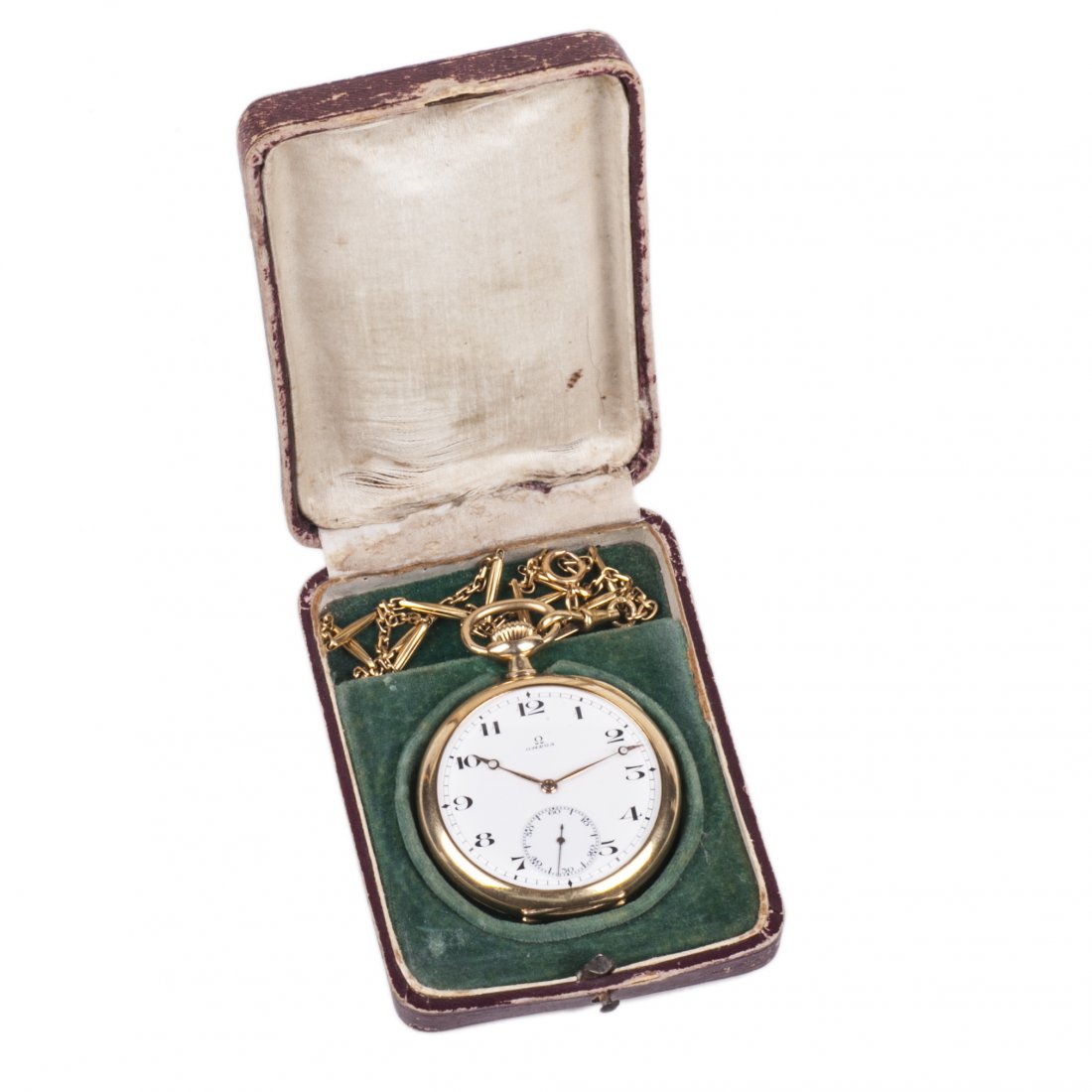 Gold open-face pocket watch "Omega" with a gold chain — image 1