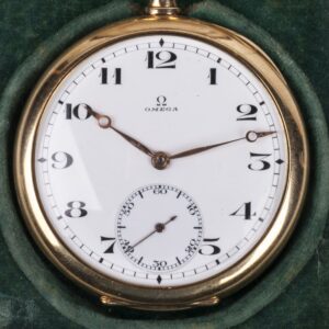 Gold open-face pocket watch "Omega" with a gold chain — image 2