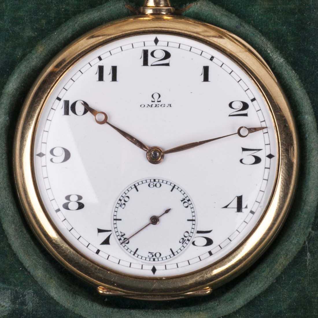 Gold open-face pocket watch "Omega" with a gold chain — image 2