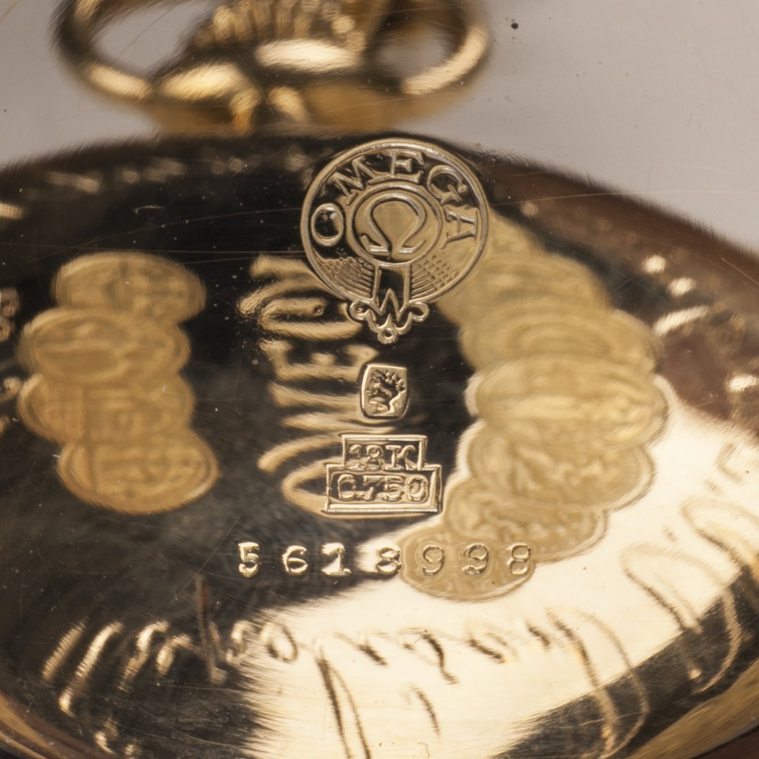 Gold open-face pocket watch "Omega" with a gold chain — image 5