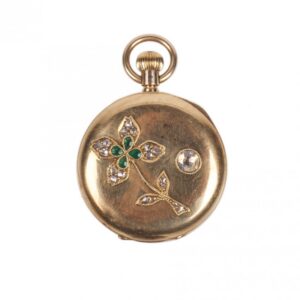 Gold pocket watch with diamonds and emerald stone — image 1