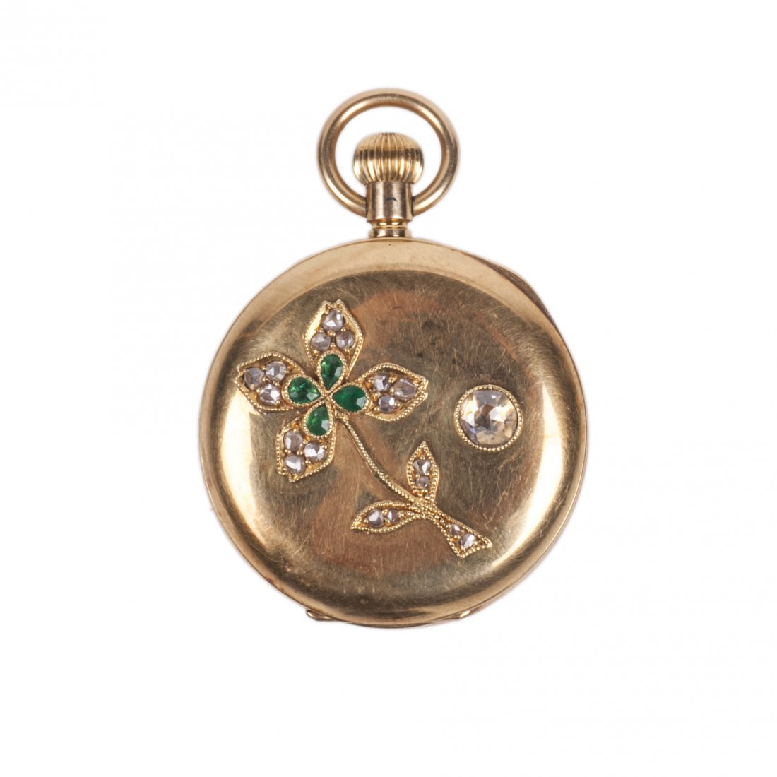 Gold pocket watch with diamonds and emerald stone — image 1