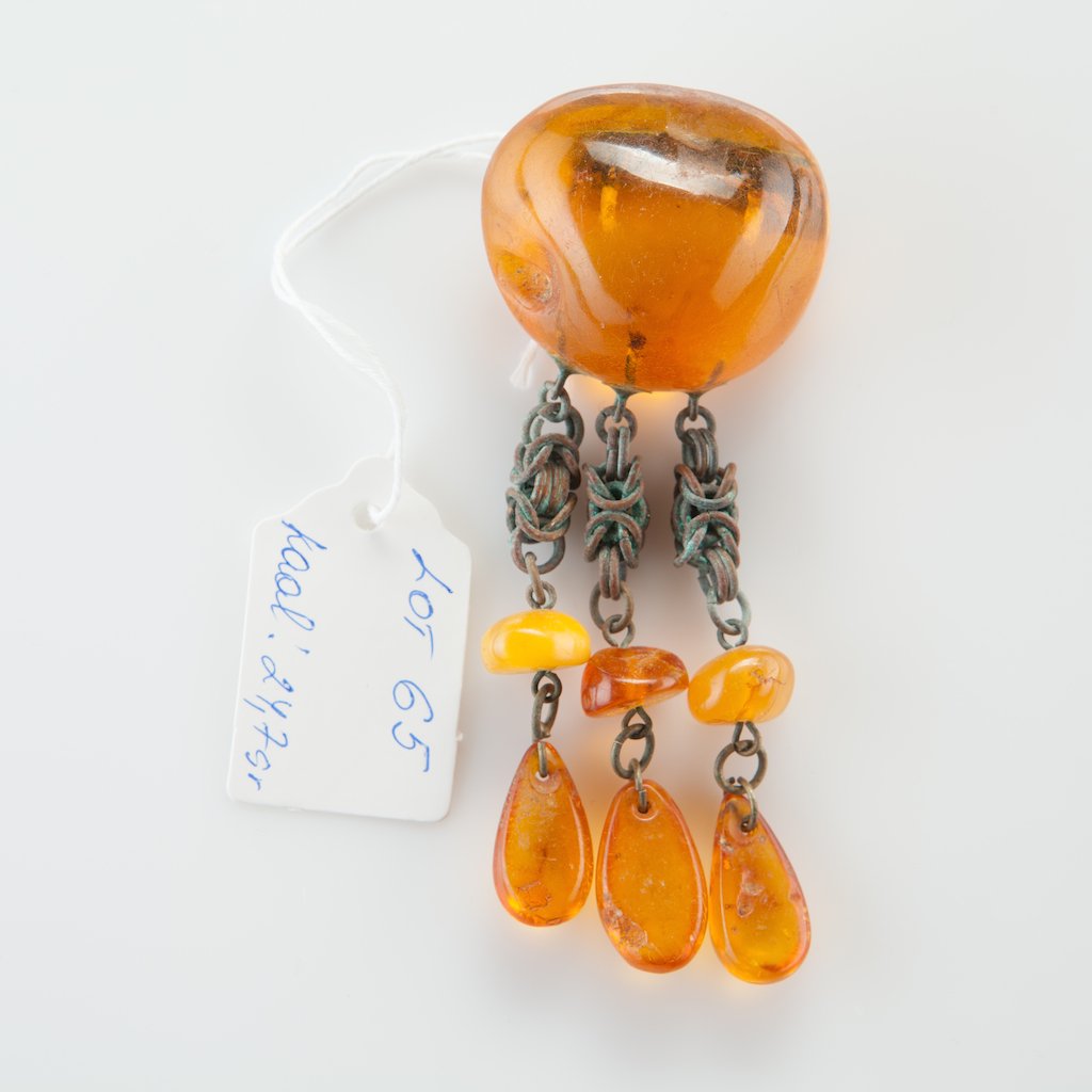 Natural Old Baltic Amber brooch with chain pendant. — image 1